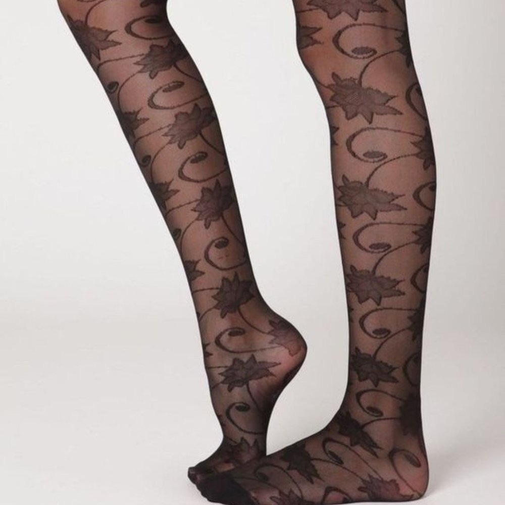 Anthropologie Tights XS S HANSEL BASEL Nylon VINED Floral Black TINTORETTA NWT